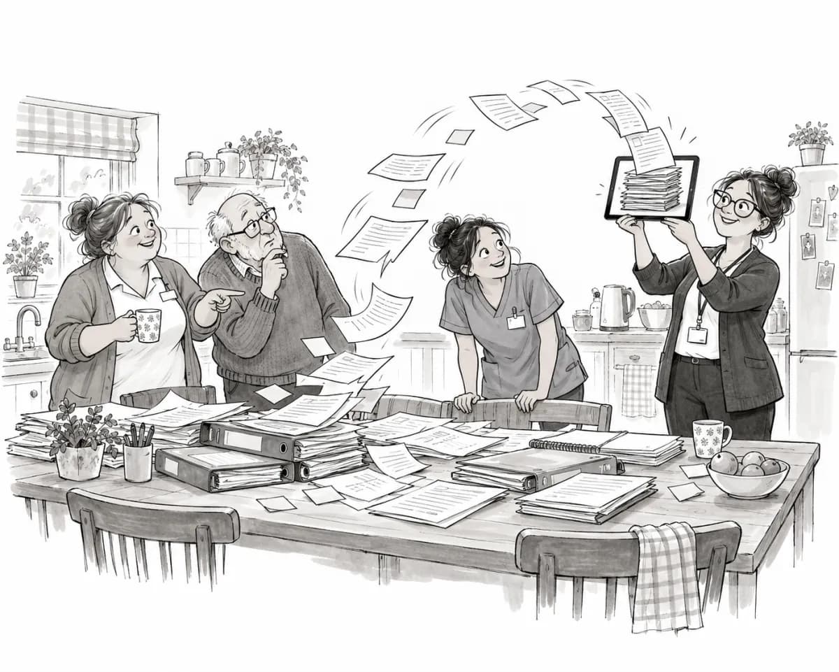 A cartoon: care staff and their manager around a kitchen table as loose paperwork flies into one neat stack on the manager's tablet.